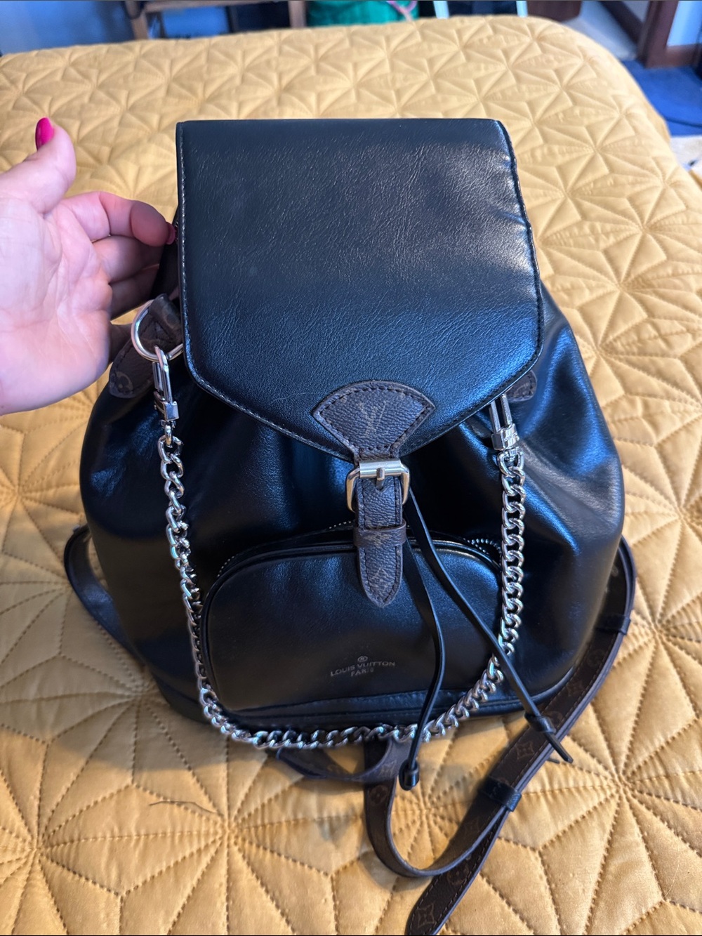 Designer inspired Black Leather Chain-Trim Backpack with Brown Accents
